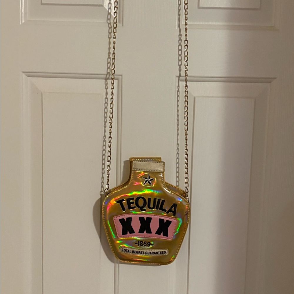 Novelty Tequila Bottle Crossbody Bag - Gold Holographic